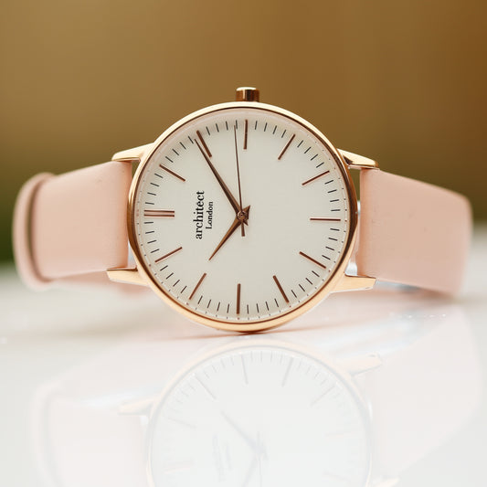 Ladies Architēct Blanc - Modern Watch with Rose Gold Mesh Strap